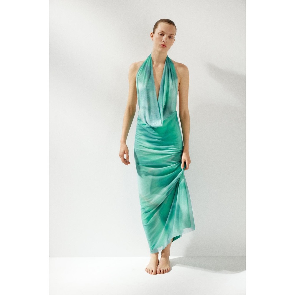 Zara Printed Mesh Halter Midi Dress Turquoise Green 8023/362/120 NWT Size M